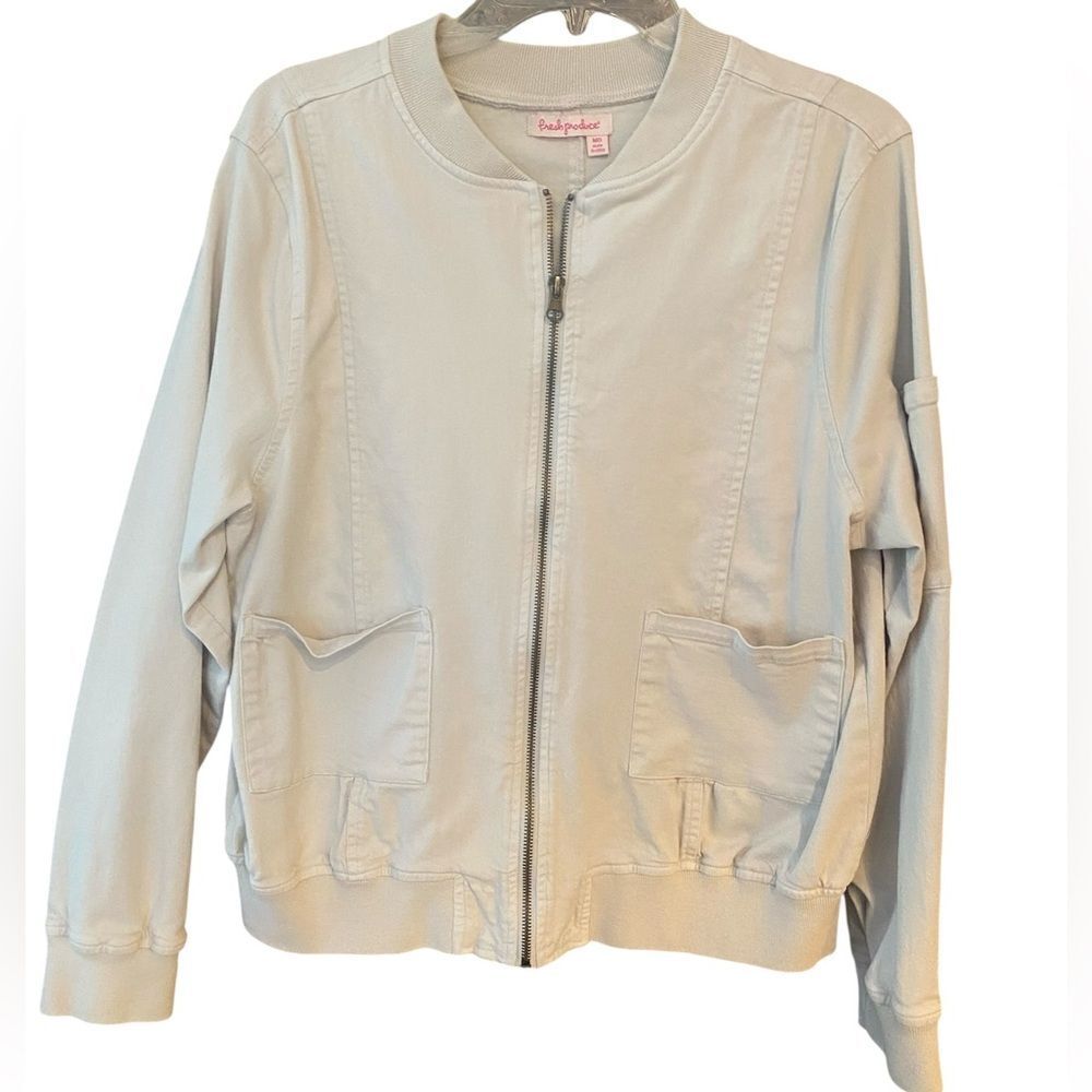 Fresh Produce Sz M Beige Bomber Pocket Canvas Zipper Closure Jacket